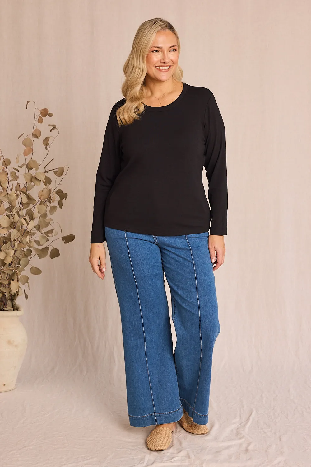 Adrift Ribbed Long Sleeve Tee in Black Adrift