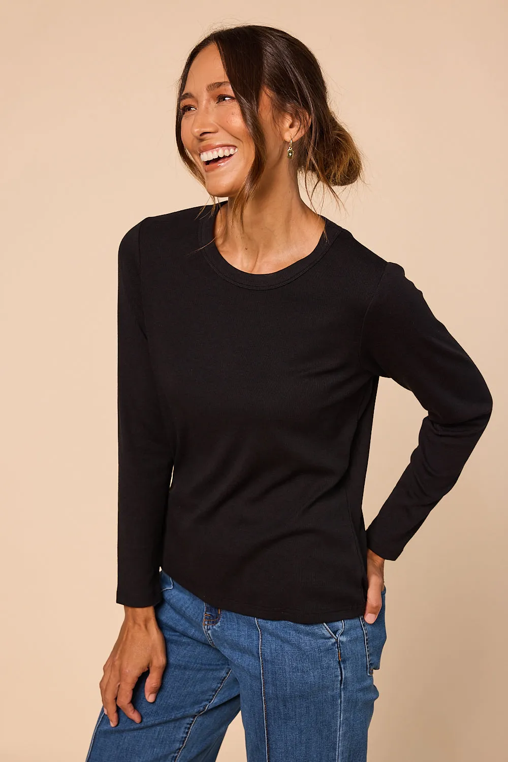 Adrift Ribbed Long Sleeve Tee in Black Adrift
