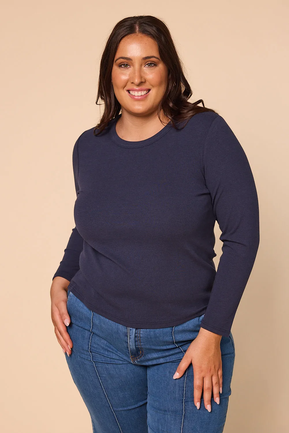 Adrift Ribbed Long Sleeve Tee in Navy Adrift