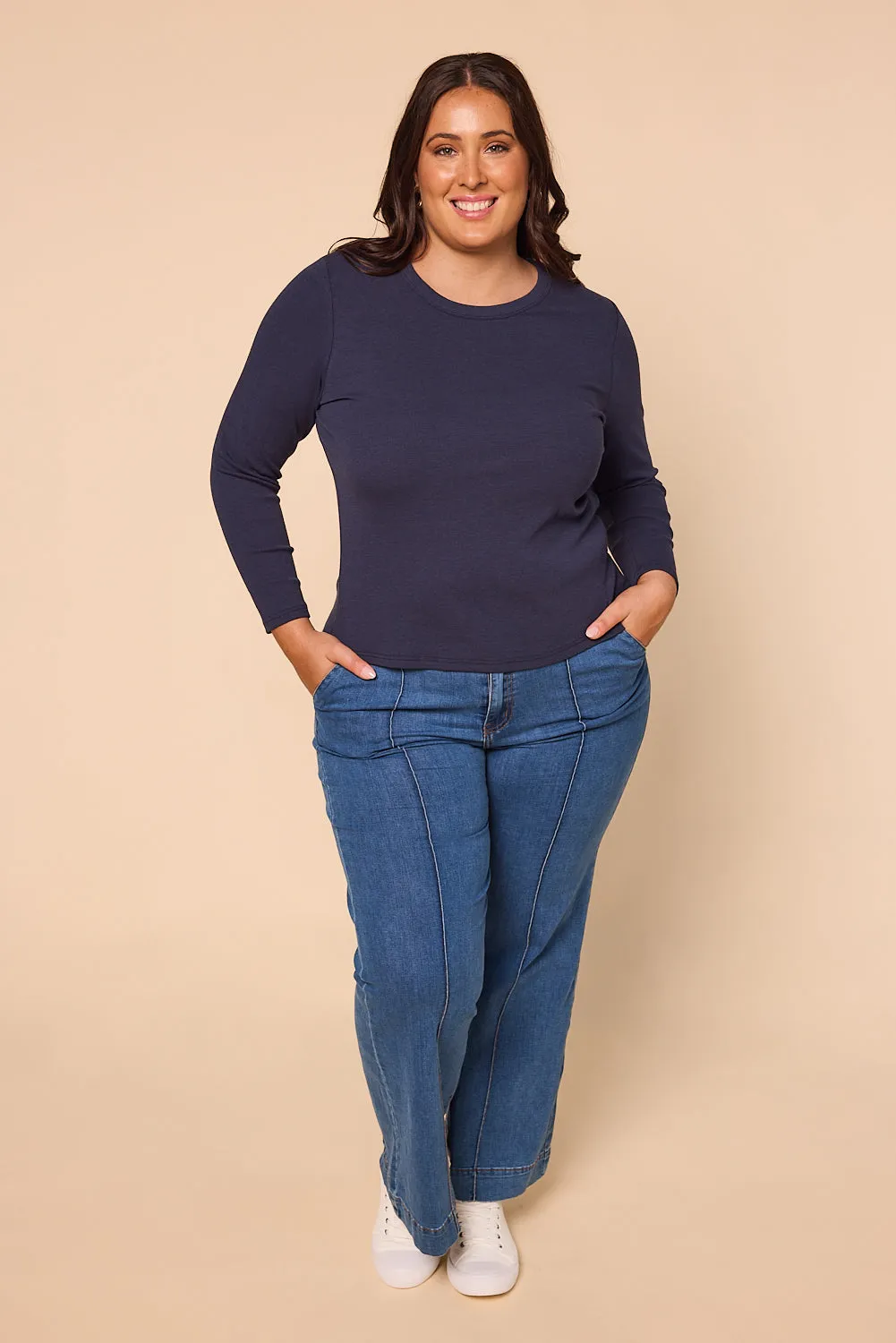 Adrift Ribbed Long Sleeve Tee in Navy Adrift
