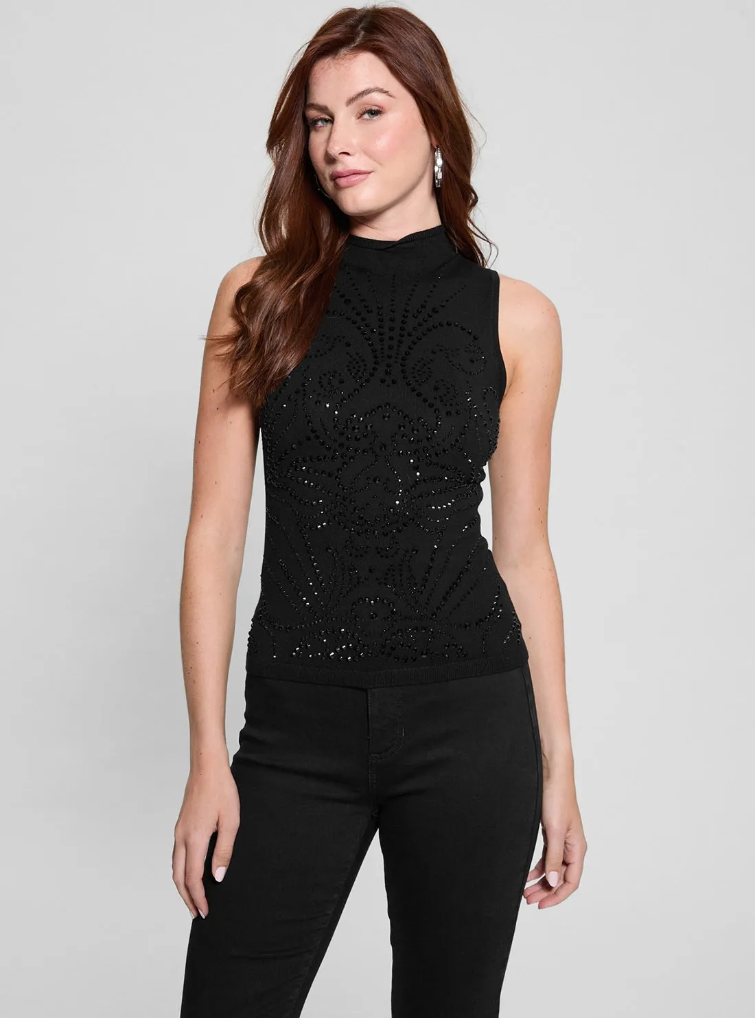 Black Calista Rhinestone Knit Top Guess