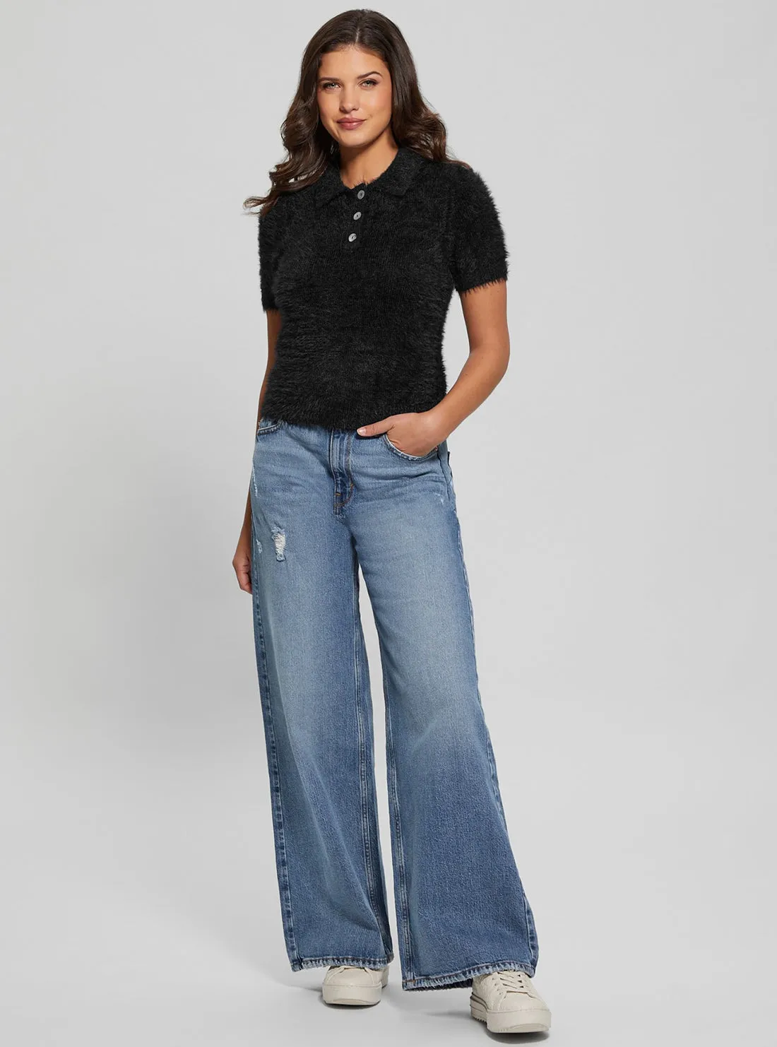 Black Coraline Knit Polo Top Guess