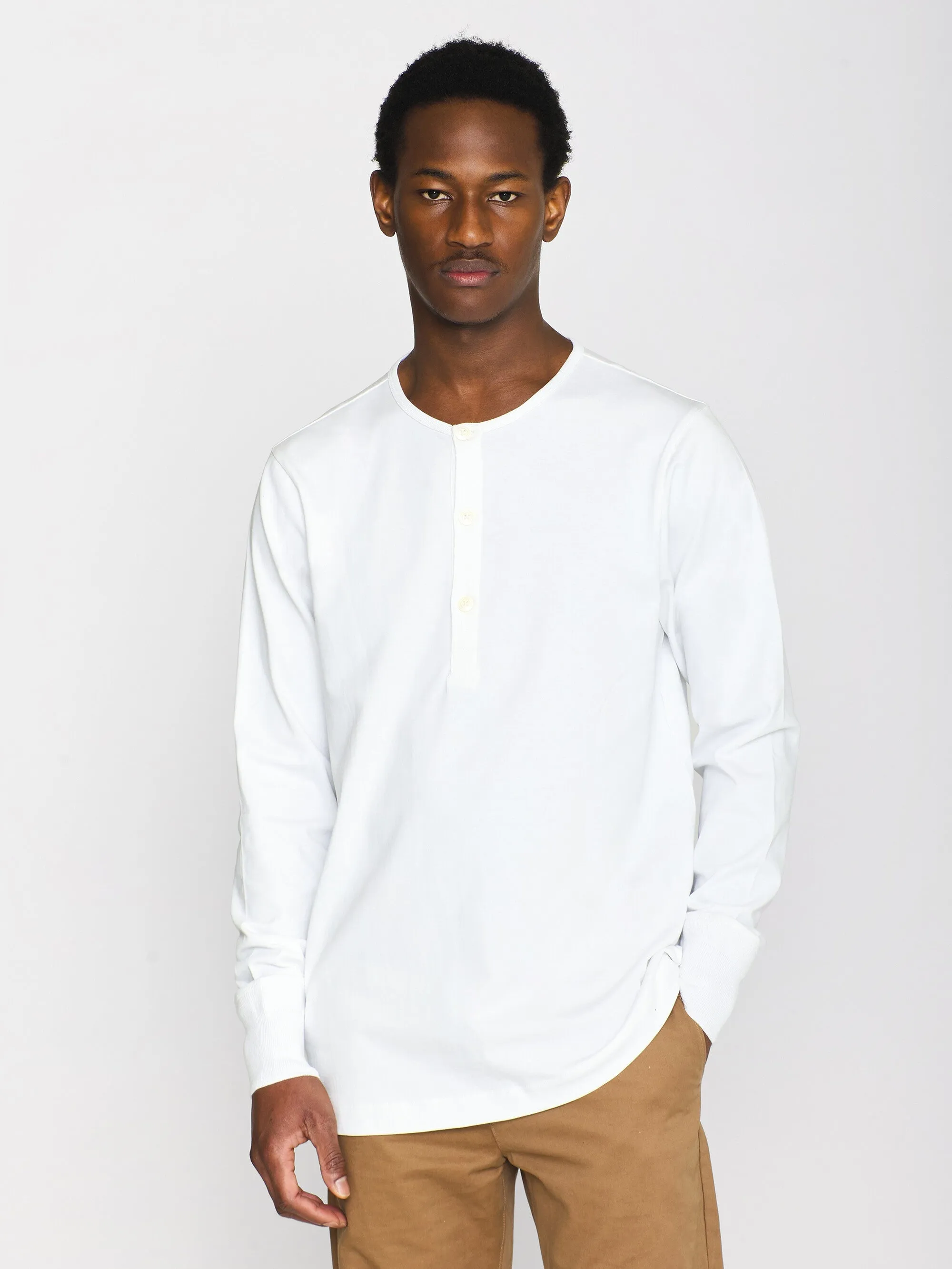 BO long sleeve henley - Regenerative Organic Certified - GOTS/Vegan - Bright White Knowledge Cotton