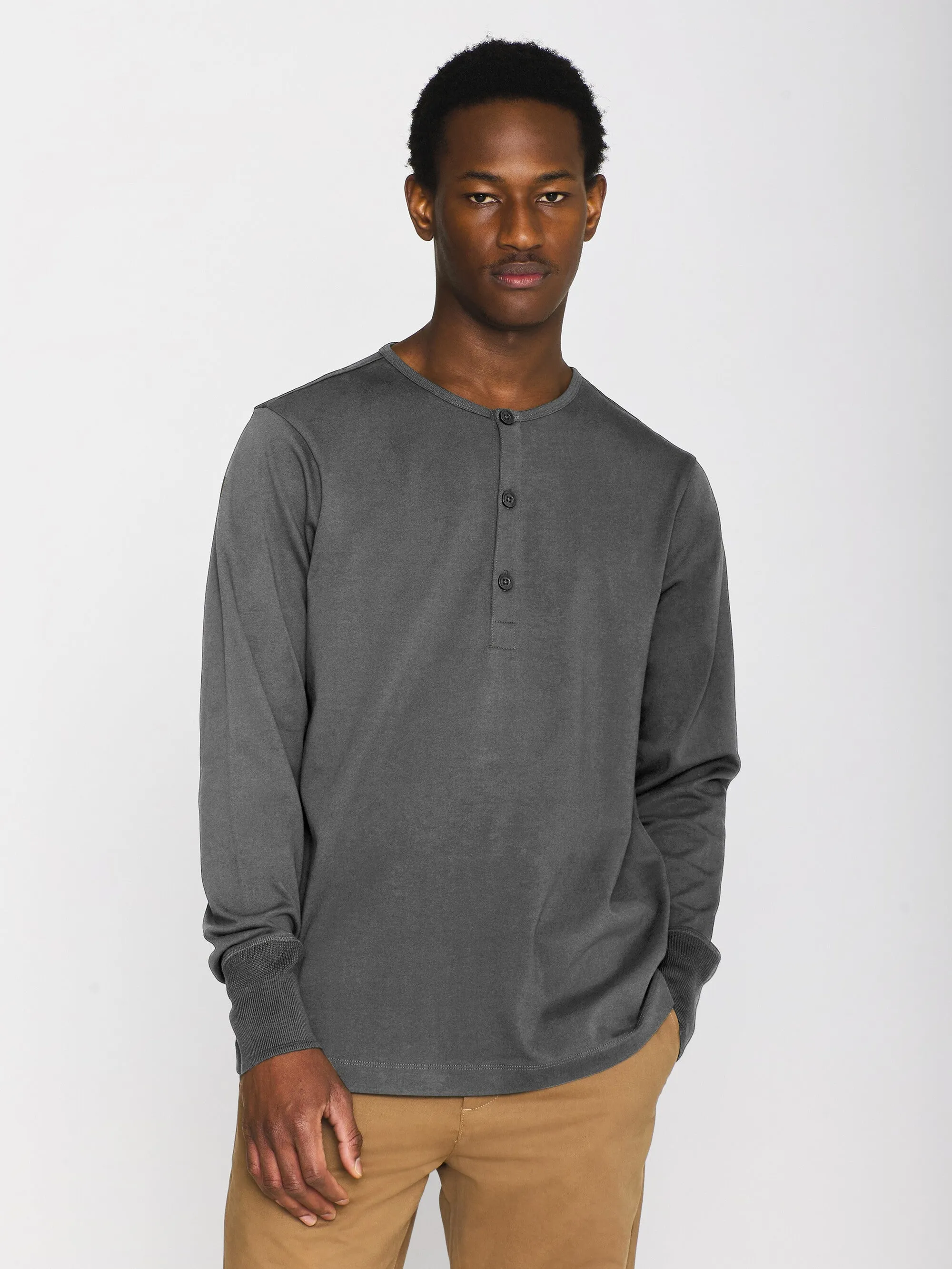 BO long sleeve henley - Regenerative Organic Certified - GOTS/Vegan - Dark Grey Melange Knowledge Cotton