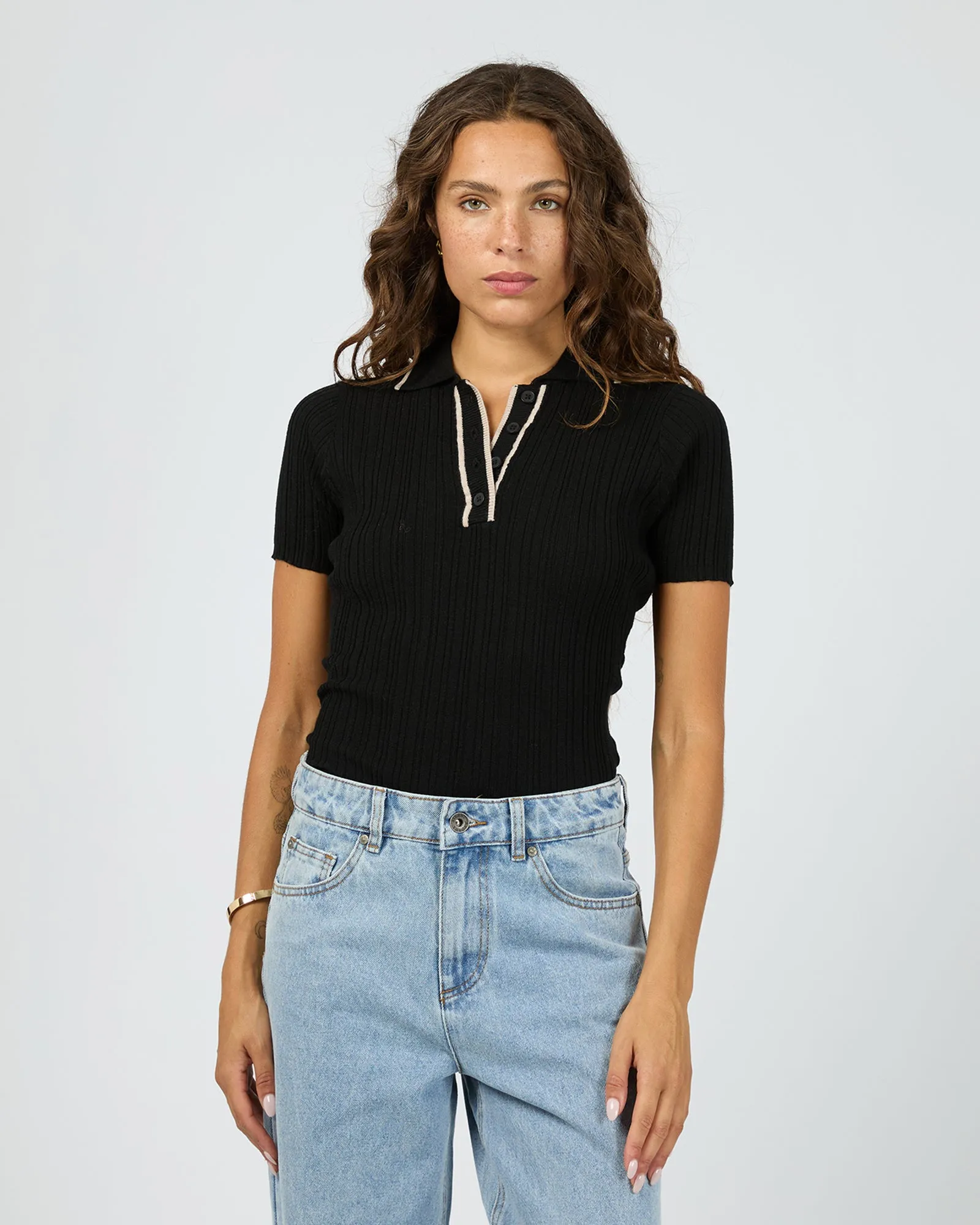Clover Polo Top Black