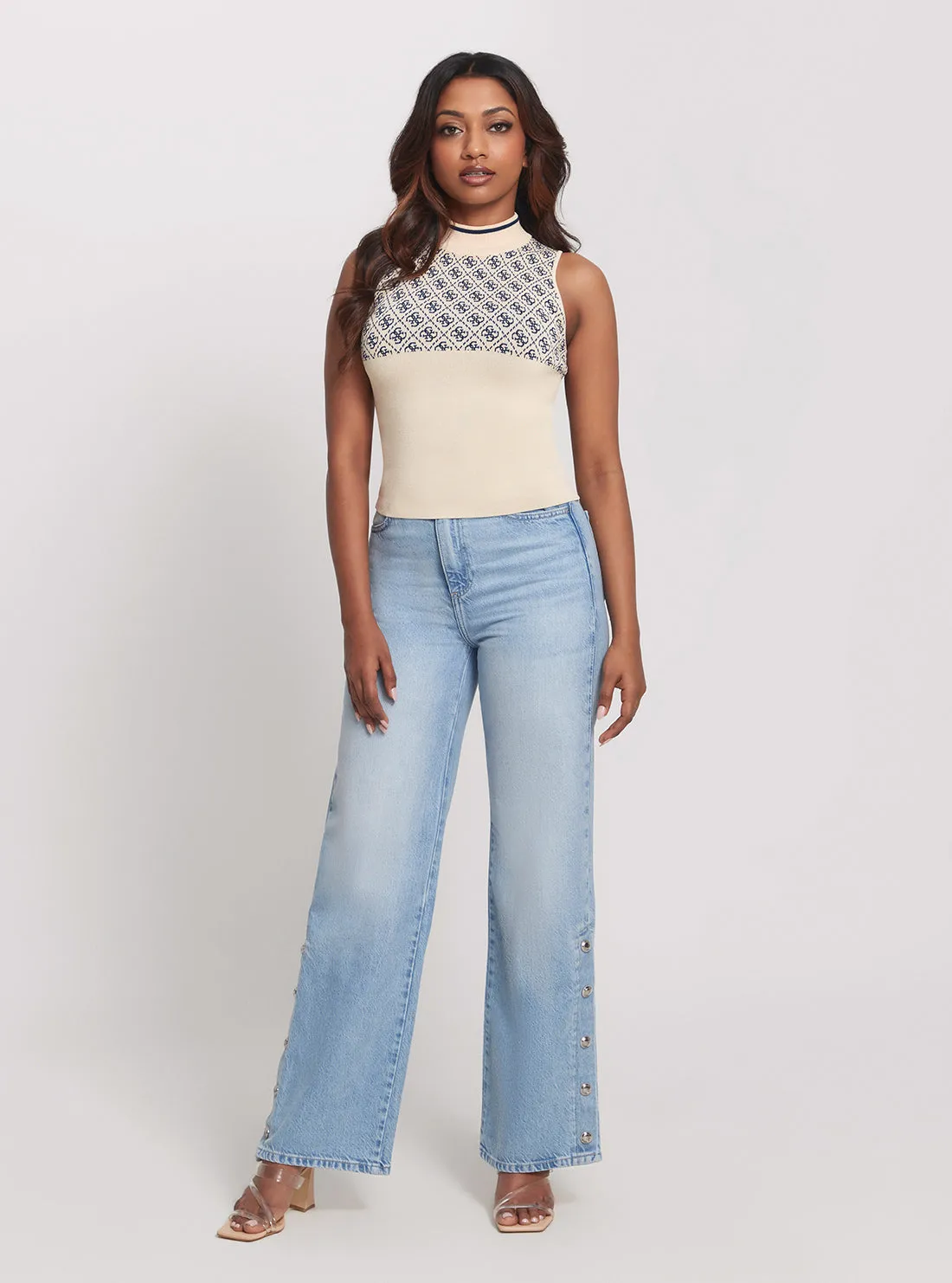 Cream Blue Logo Lise Knit Top Guess