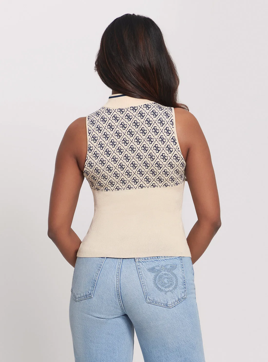 Cream Blue Logo Lise Knit Top Guess