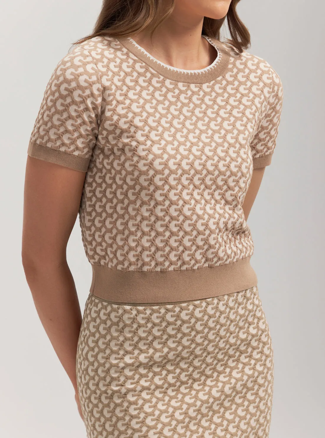 Eco Beige Monogram Print Ashley Knit Top Guess