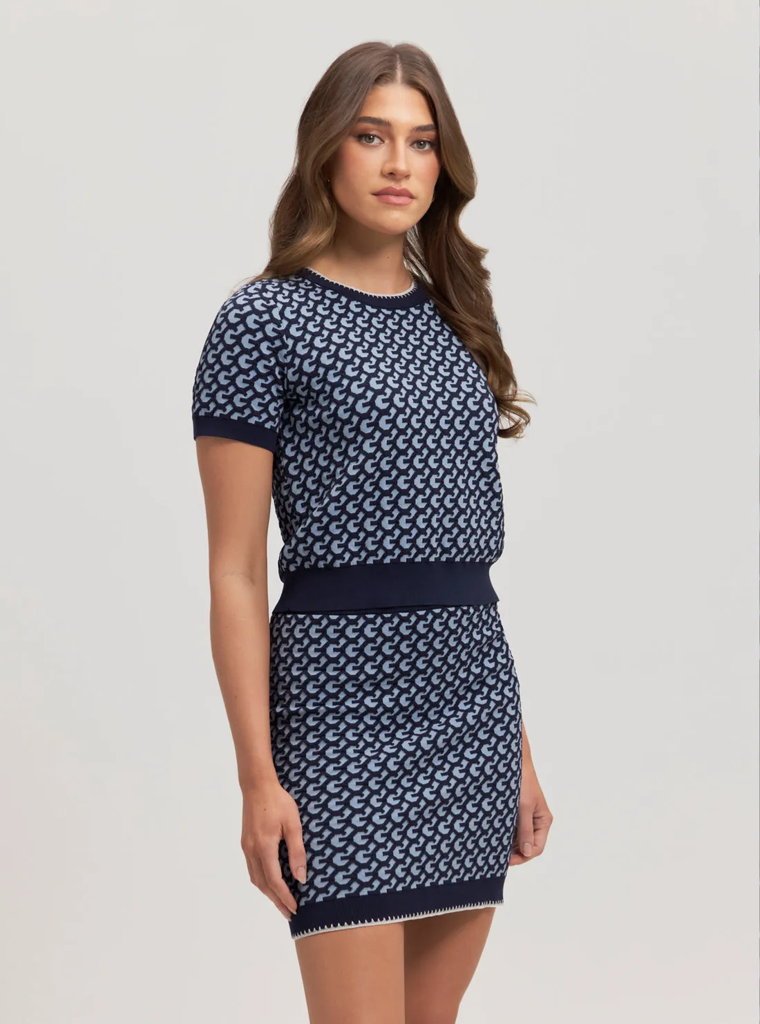 Eco Navy Monogram Print Ashley Knit Top Guess