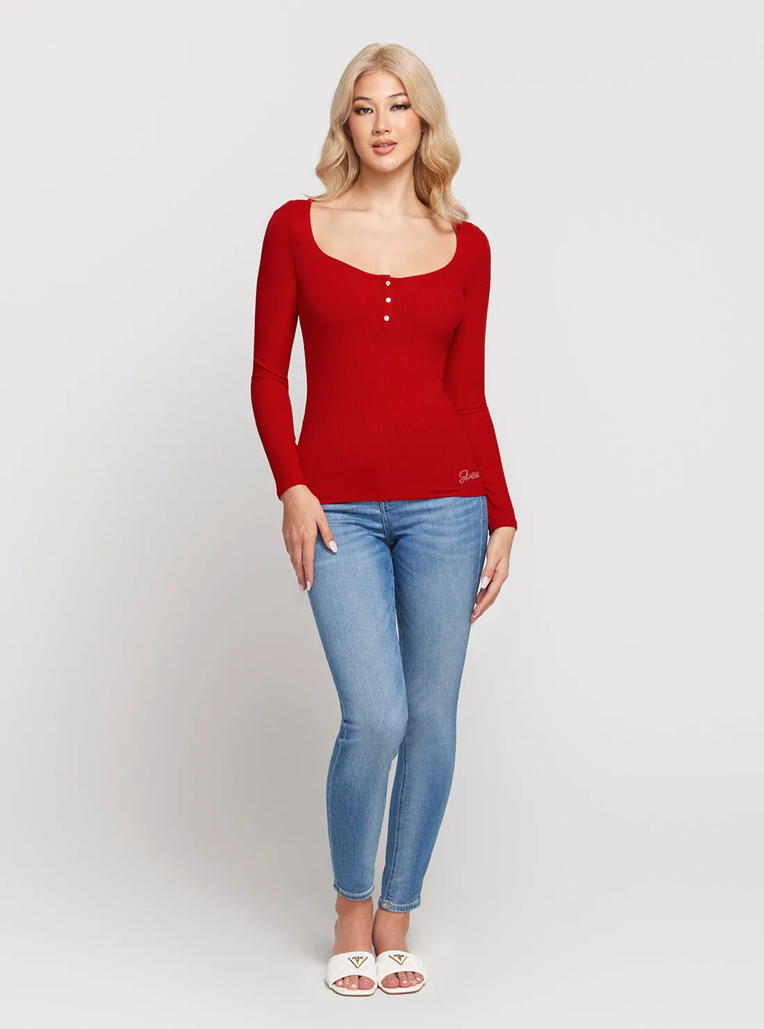 Eco Red Karlee Long Sleeve Button Top Guess