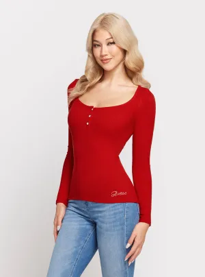 Eco Red Karlee Long Sleeve Button Top Guess