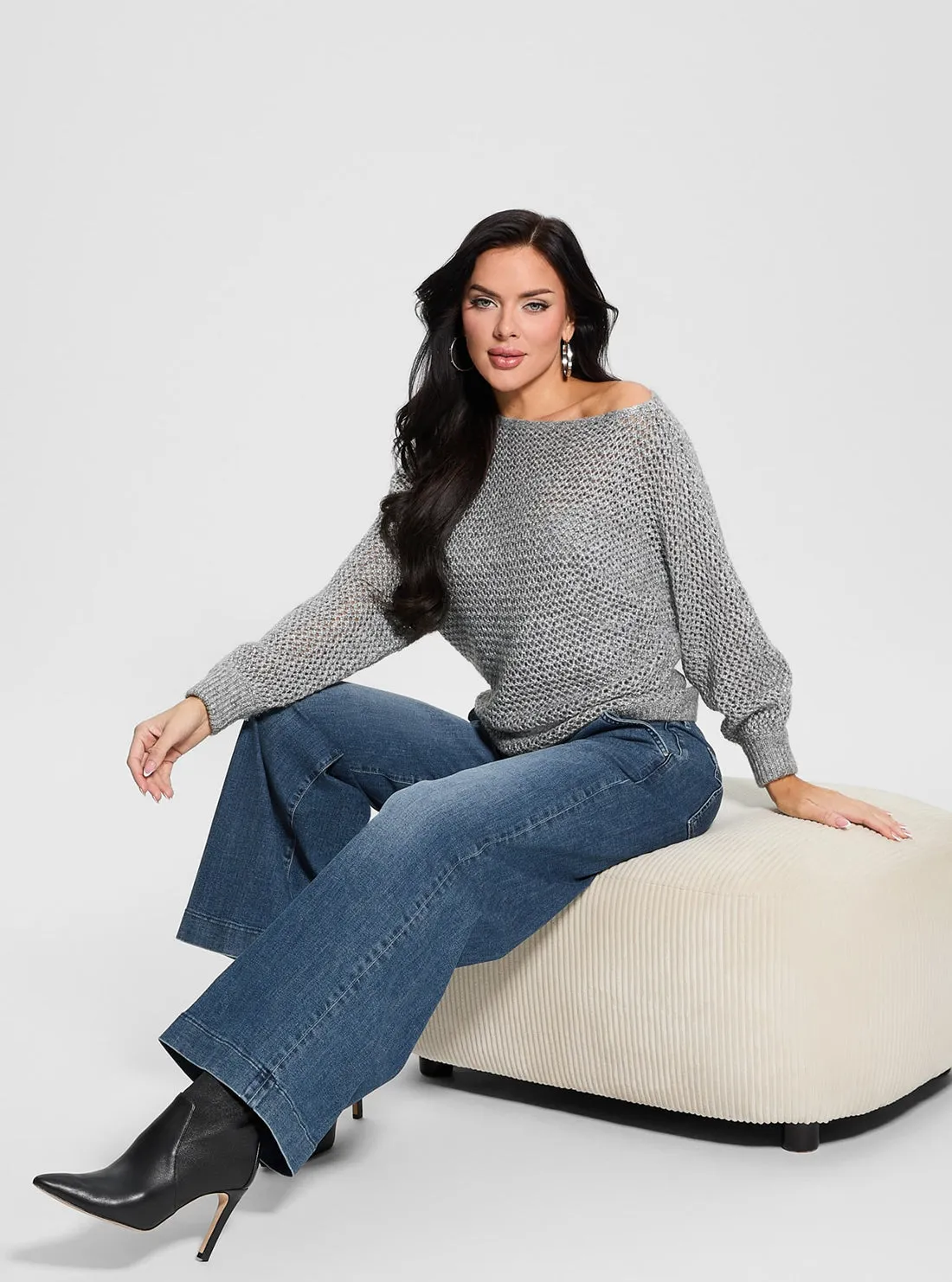 Grey Off Shoulder Knit Top Guess