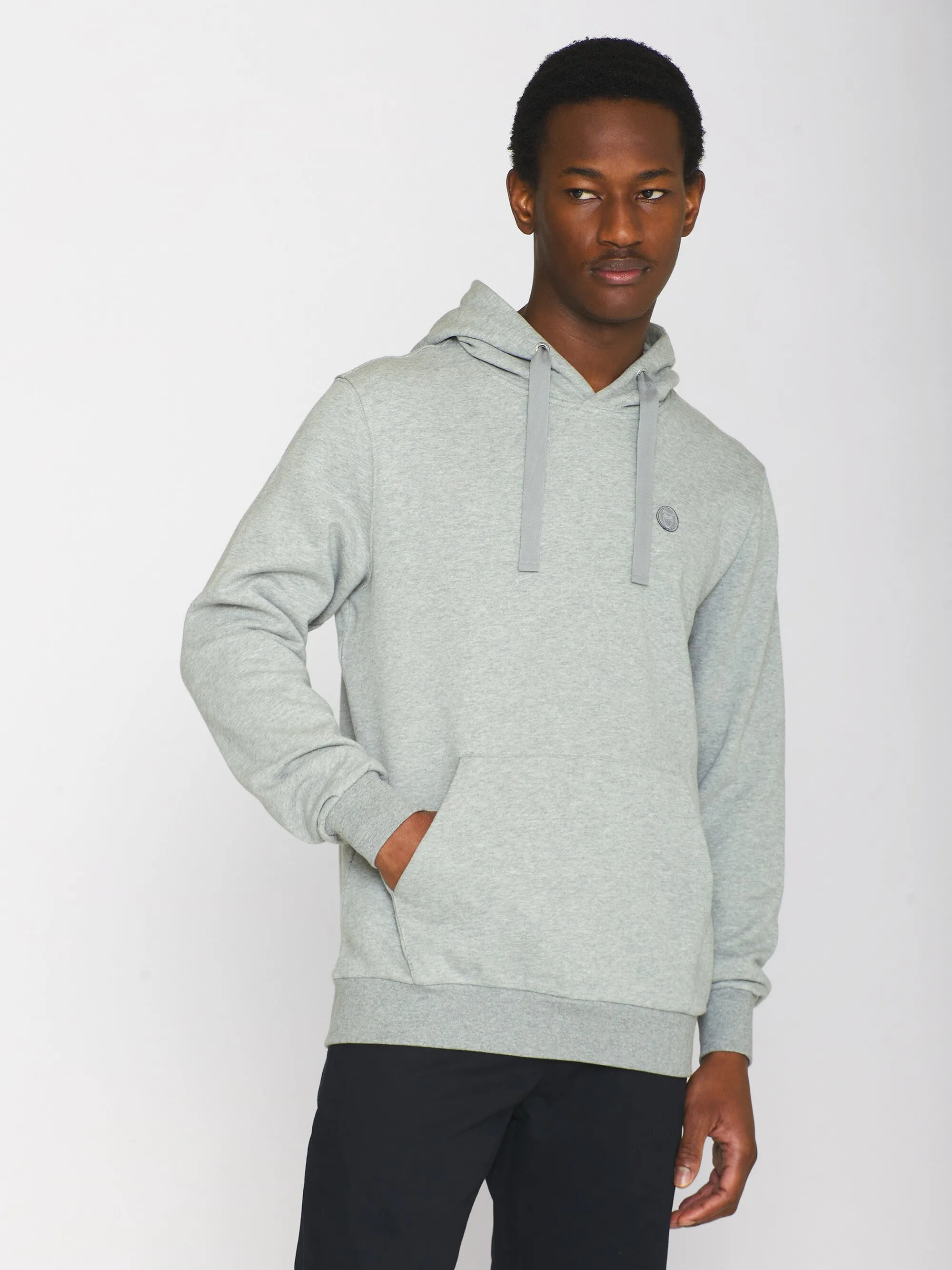 Hood basic badge sweat - Grey Melange Knowledge Cotton