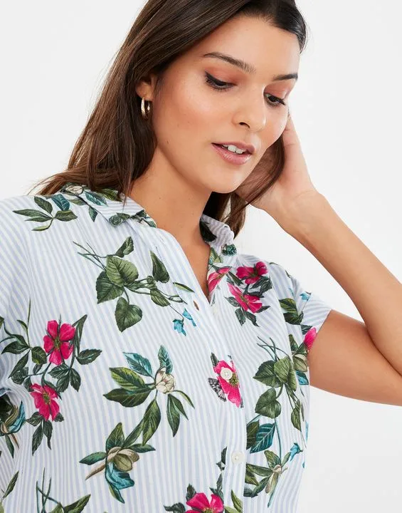 Joules Women's Allison 1/2 Placket Linen Shirt Dress - Blue Botanical Stripe