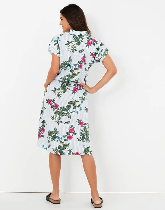 Joules Women's Allison 1/2 Placket Linen Shirt Dress - Blue Botanical Stripe