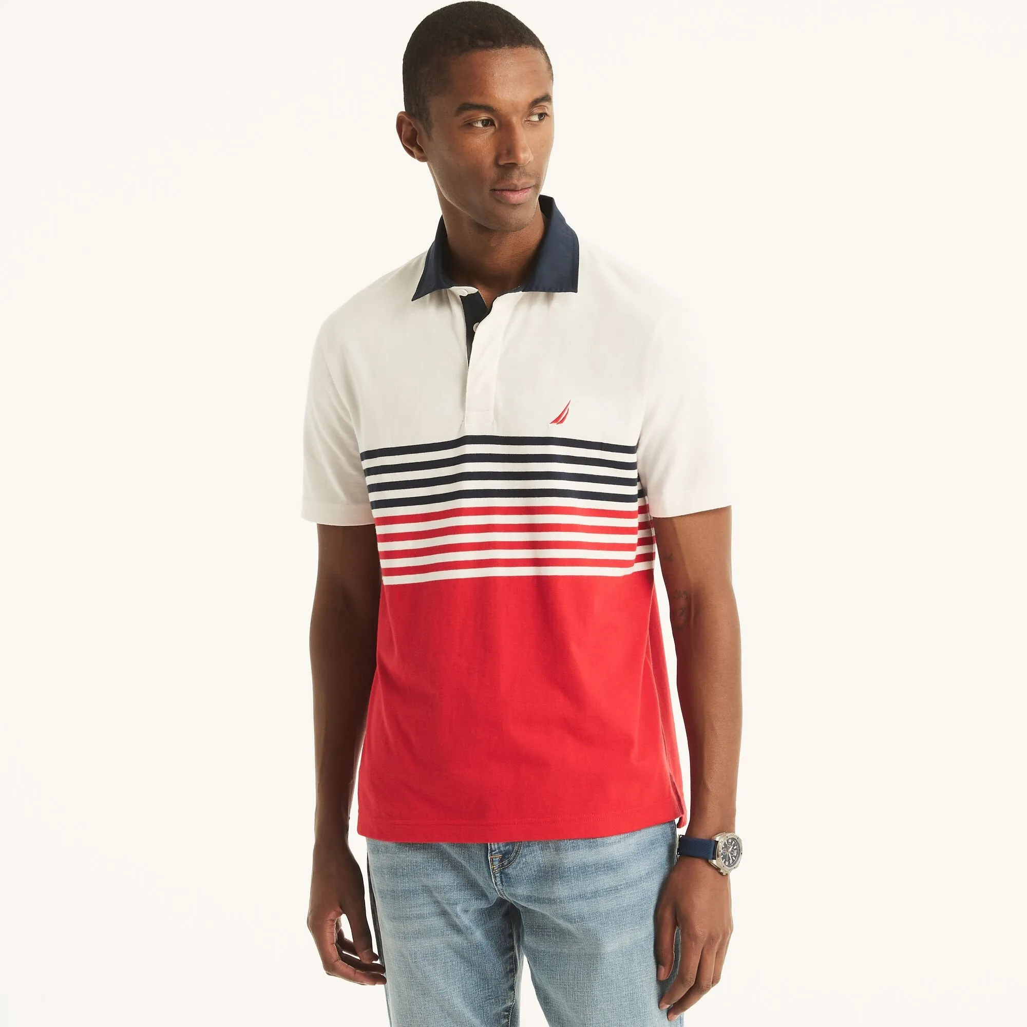 Nautica Mens Sustainably Crafted Classic Fit Chest-Stripe Polo