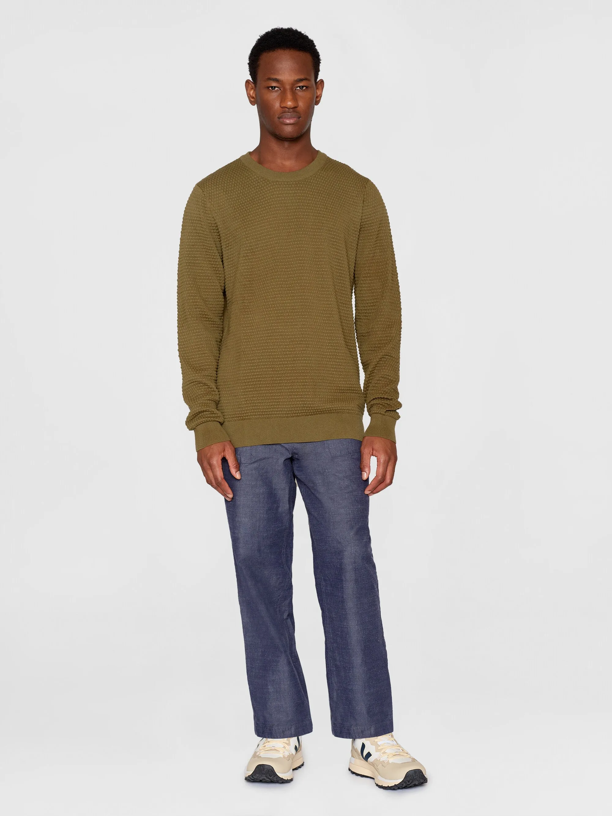 VAGN regular bubble knit crew neck - Regenerative Organic Certified - GOTS/Vegan - Burned Olive Knowledge Cotton