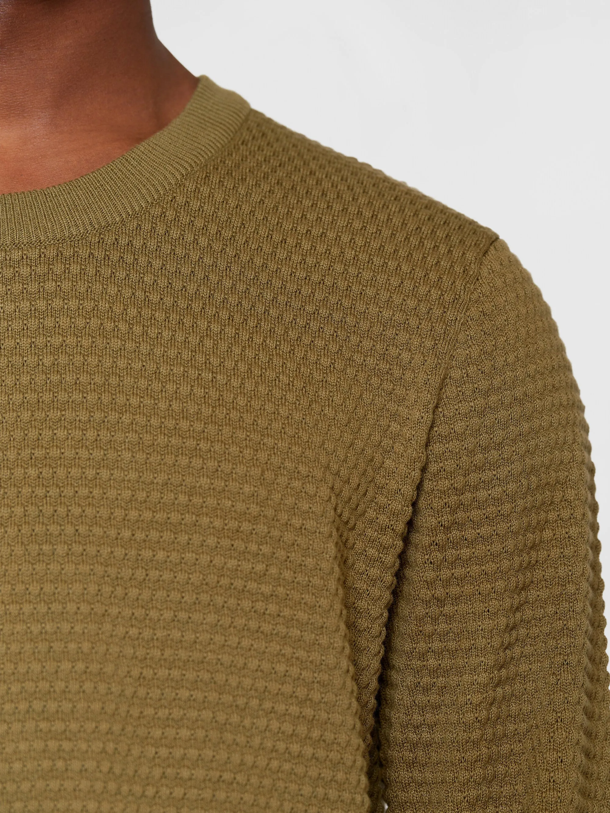 VAGN regular bubble knit crew neck - Regenerative Organic Certified - GOTS/Vegan - Burned Olive Knowledge Cotton