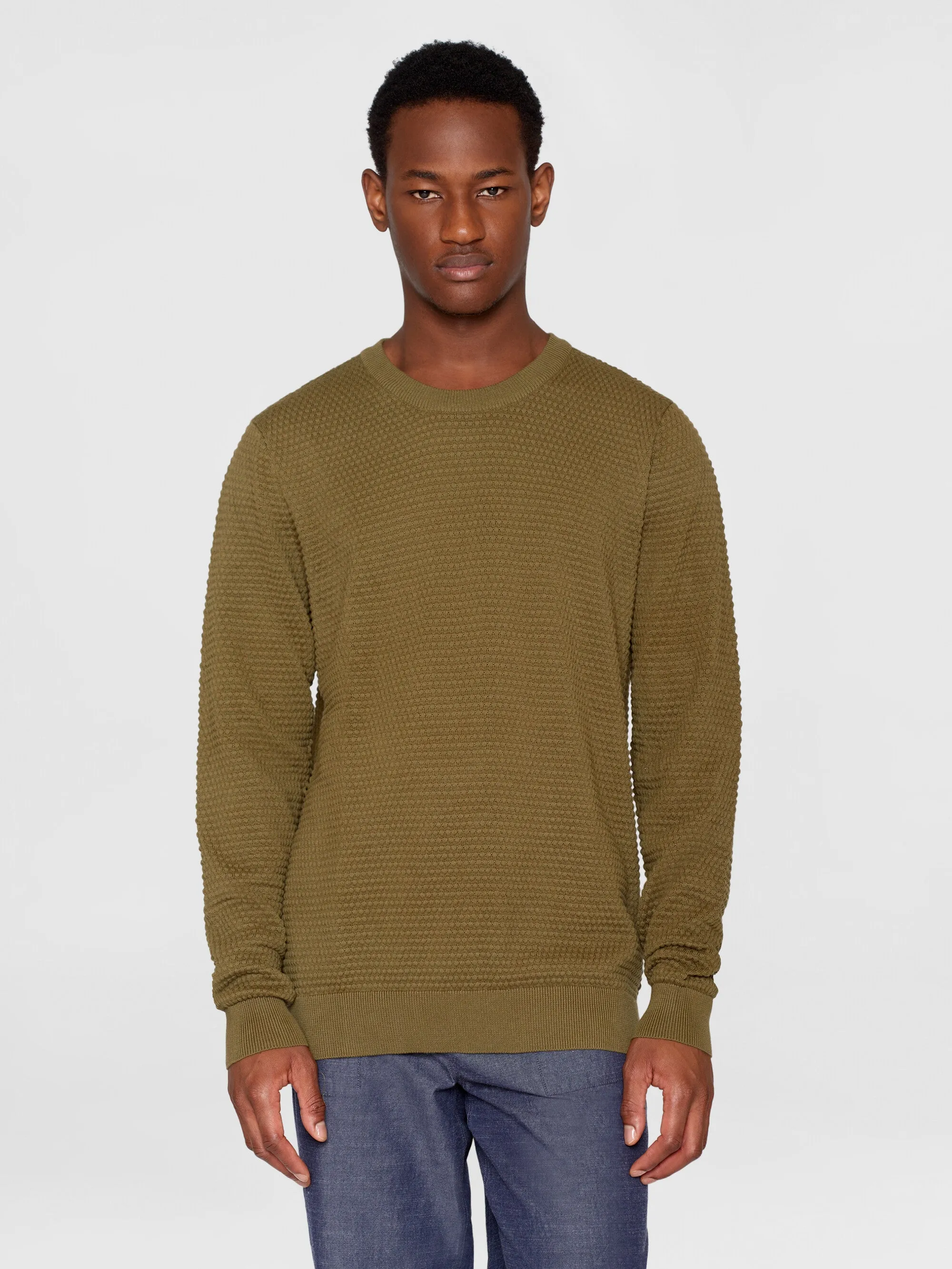 VAGN regular bubble knit crew neck - Regenerative Organic Certified - GOTS/Vegan - Burned Olive Knowledge Cotton