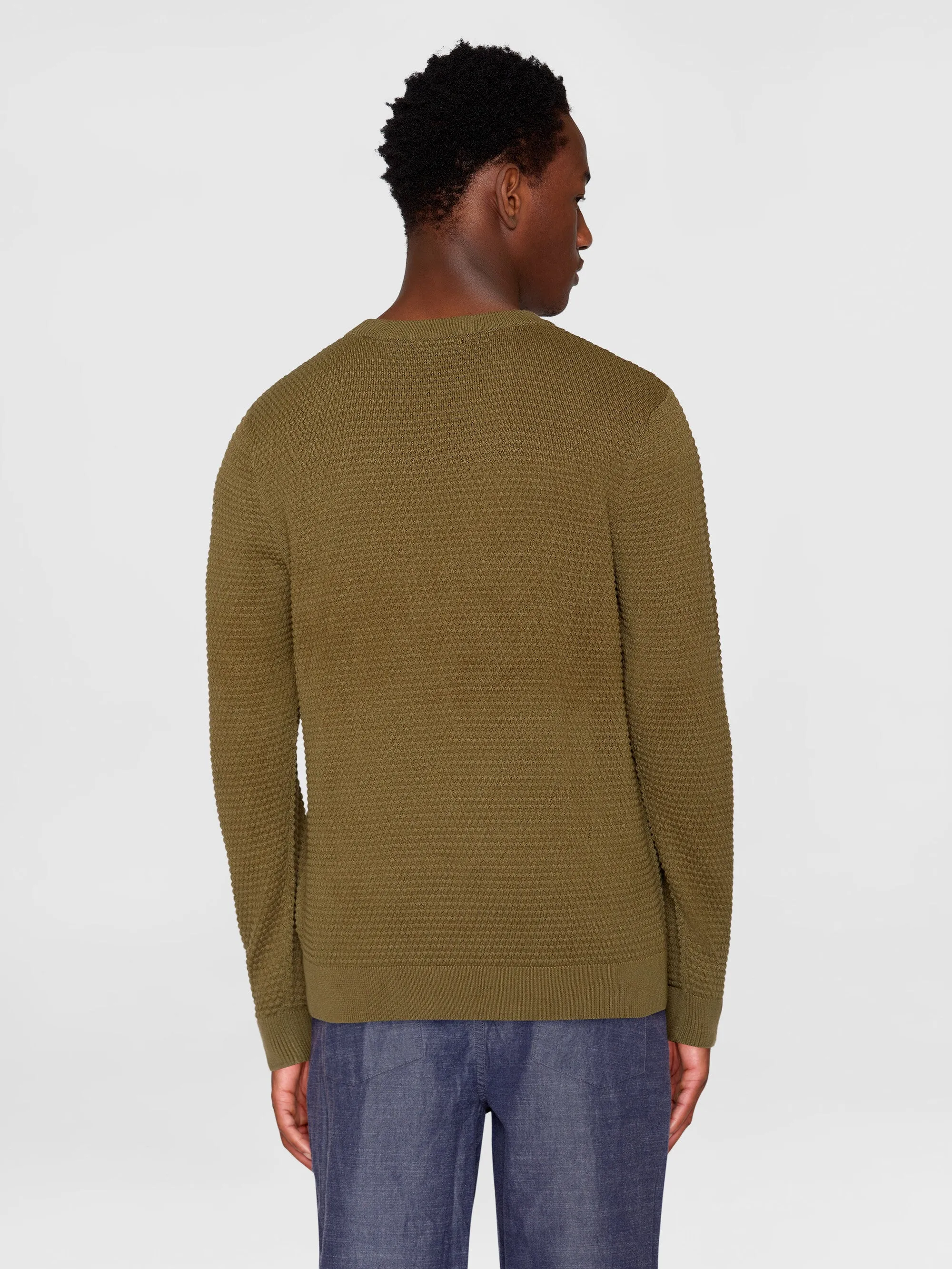 VAGN regular bubble knit crew neck - Regenerative Organic Certified - GOTS/Vegan - Burned Olive Knowledge Cotton