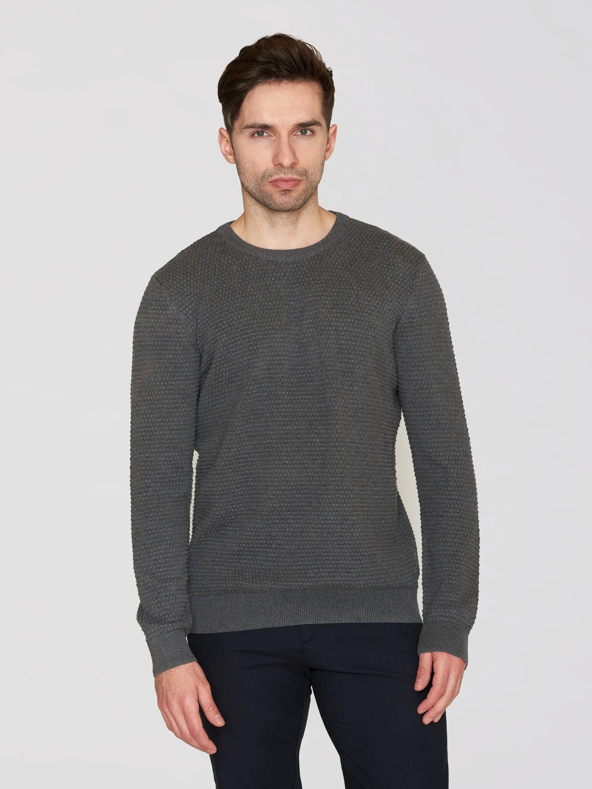 VAGN regular bubble knit crew neck - Regenerative Organic Certified - GOTS/Vegan - Dark Grey Melange Knowledge Cotton
