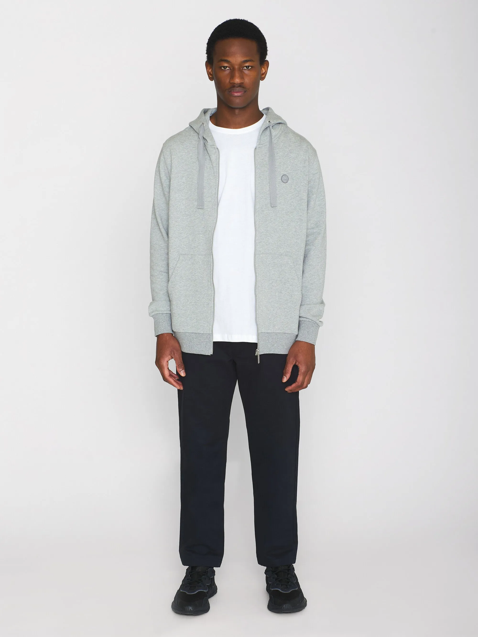 Zip hood kangaroo badge sweat - Grey Melange Knowledge Cotton