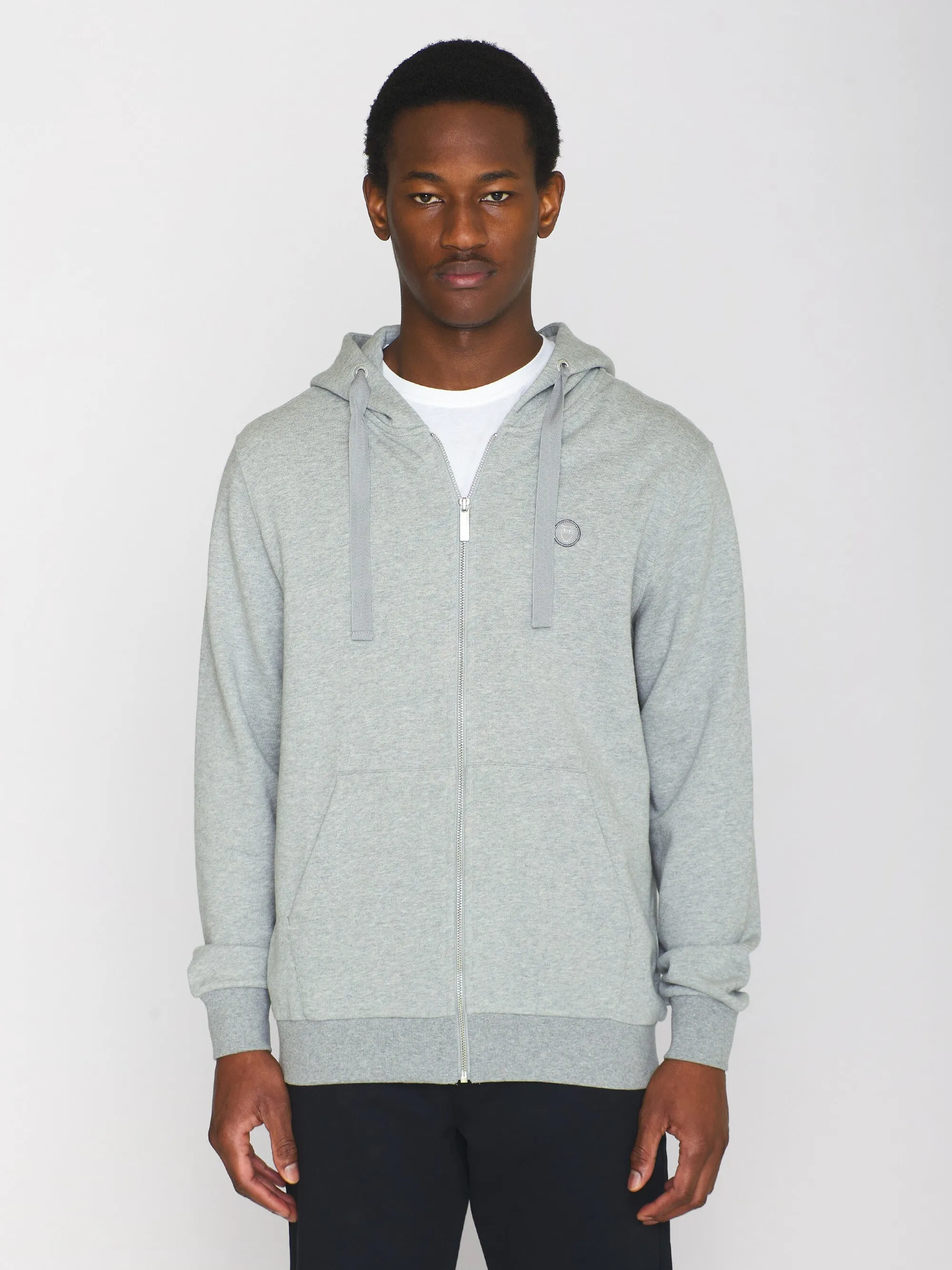 Zip hood kangaroo badge sweat - Grey Melange Knowledge Cotton